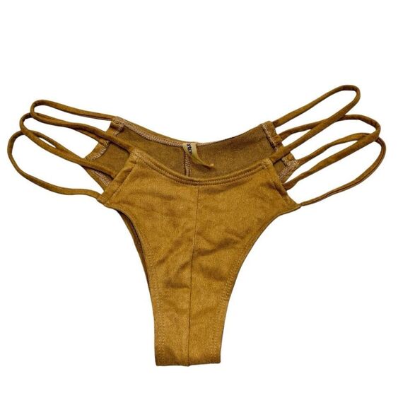 Ladies Montce Swim Tan Faux Suede Strappy Side Cheeky Bikini Bottoms Size Large - Picture 1 of 4